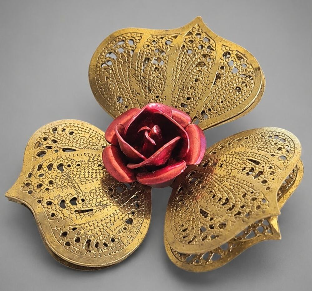 Vintage Red Rose Enamel Brass-tone Brooch Pin 2" Mid-Century Floral fb1-72